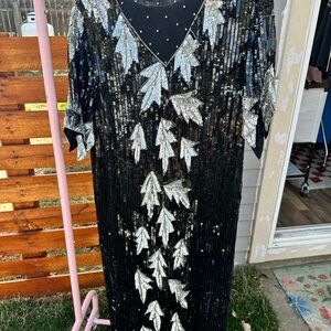 Black Sequin Dress with Silver Leaf Design